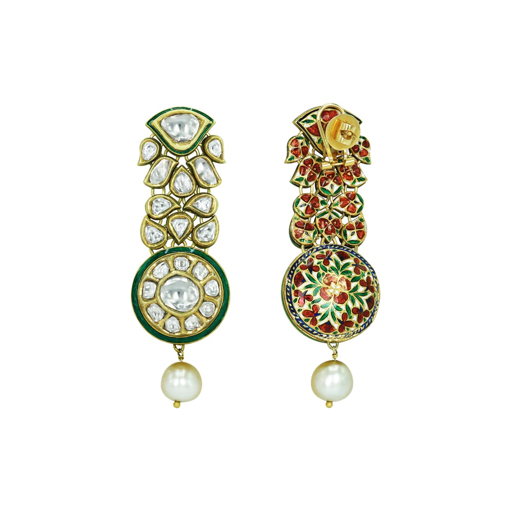 Polki Earrings with Green Enamel Work and Pearl Drop